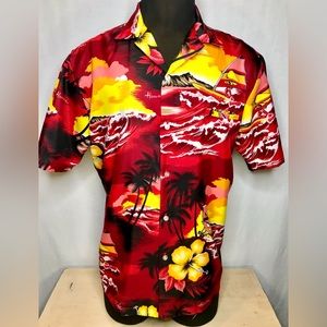 Kalena Fashion of Hawaii Tiki Shirt Red Size XL Diamond Head Windsurfer Hibiscus